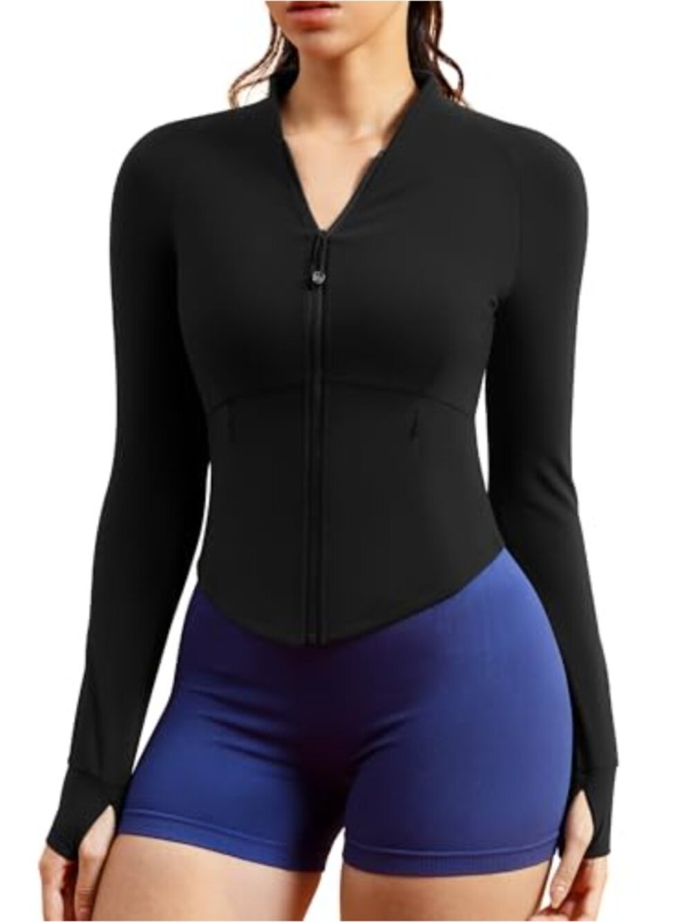 Workout Jacket Slim Fit Crop Zip Up V-Neck Thumbholes Running Yoga